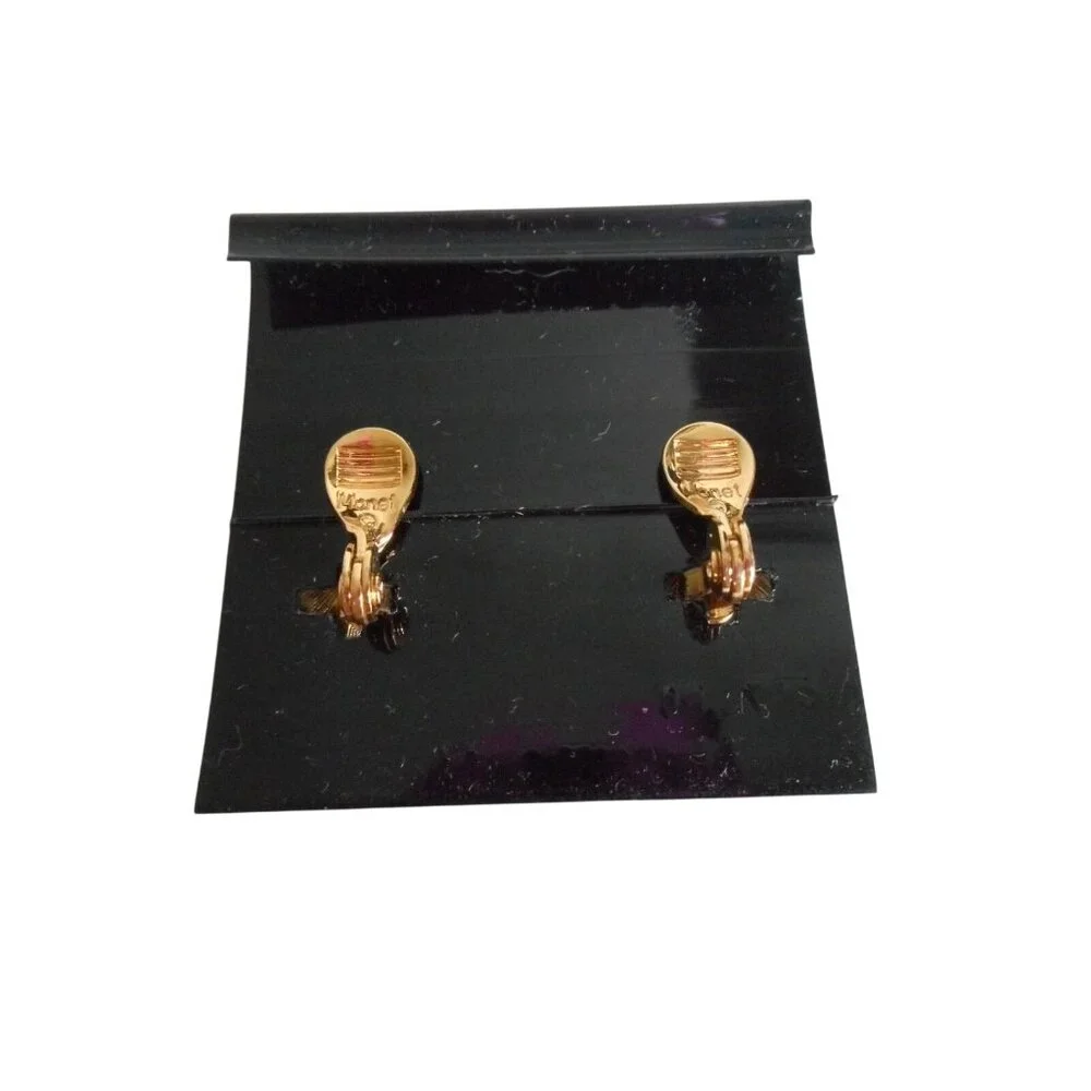 Vtg NEW Monet clip on earrings faceted Emerald cut gold setting costume Estate - Picture 2 of 2